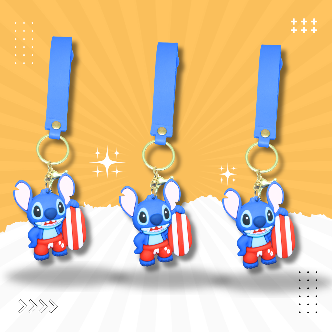 Cute Stitch Surfboard Keychain – Cartoon Silicone Key Ring with Wrist Strap | Blue Character Bag Charm